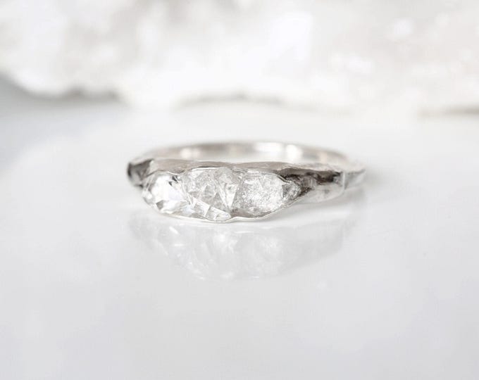 Herkimer Diamond Sterling Silver Ring: Hammered Band, April Birthstone