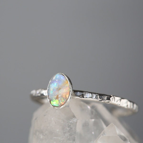 Australian Opal Ring, Genuine Opal Ring, Raw Opal Silver Stackable Ring, Opal Ring for Women