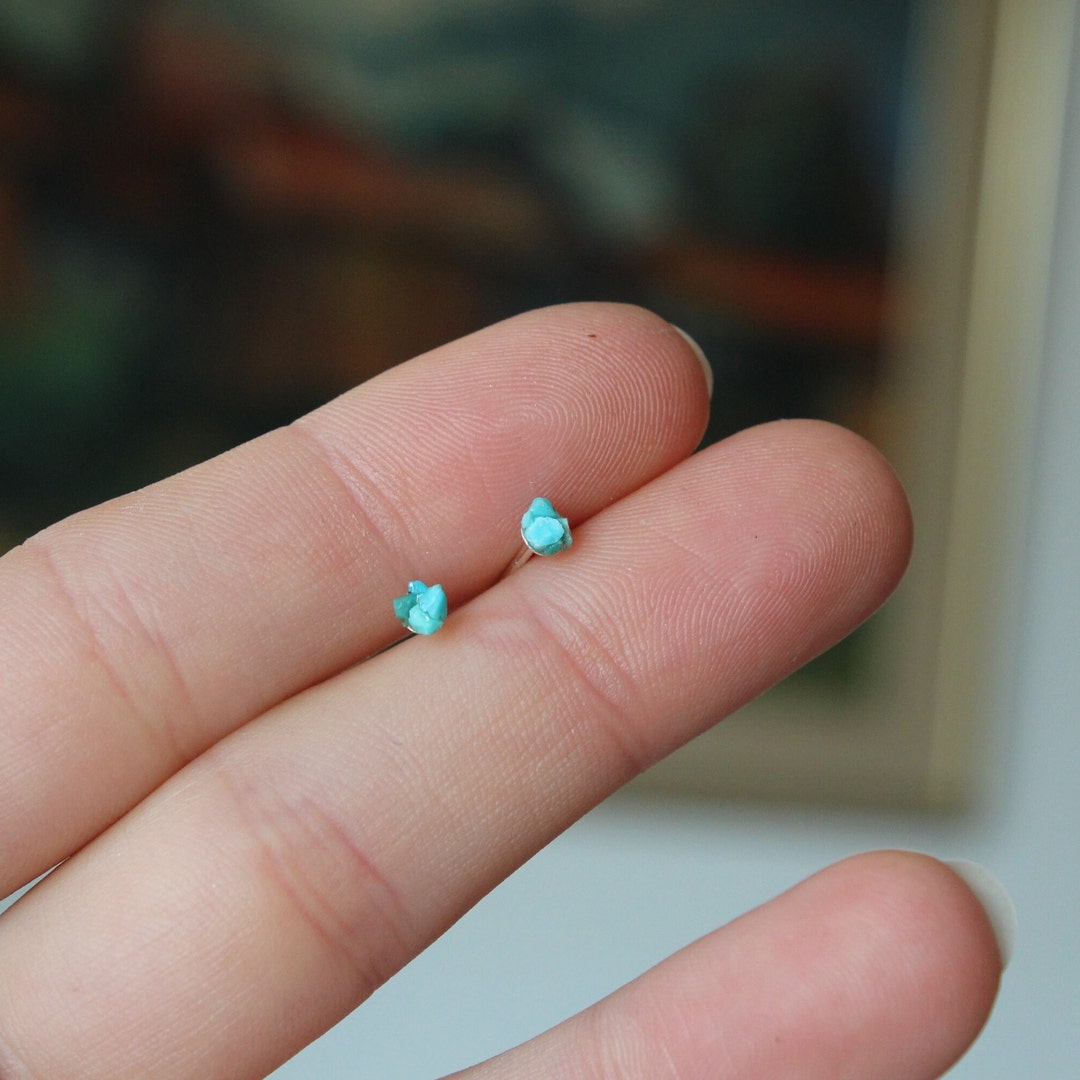 Tiny Turquoise Stud Earrings, Raw Turquoise Studs, Sterling Silver 925