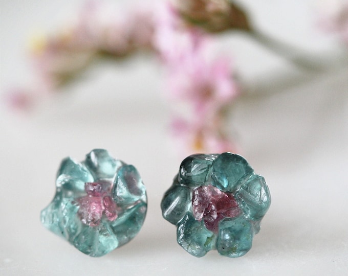 Gemstone Flower Earrings, Titanium Stud Earrings, Apatite Pink Tourmaline Flower Earrings, Mixed Gemstone Earrings, Earrings for Girls