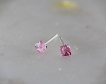 Pink Tourmaline Silver Stud Earrings, Raw Pink Stone Earrings, October Birthstone Jewelry