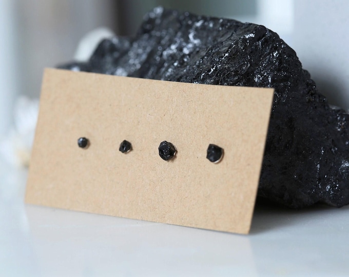 Raw Black Tourmaline Sterling Silver Stud Earrings Set: 2mm & 3mm