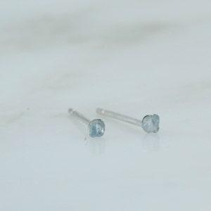 Aquamarine Stud Earrings, 2mm Raw Aquamarine Earrings, Tiny Aquamarine Studs, Raw Stone Studs