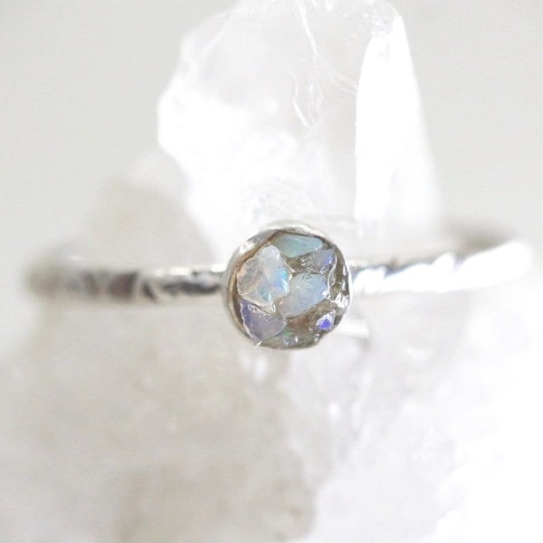 Raw Opal Ring, Dainty Opal Ring, Rough Opal Silver Stackable Ring