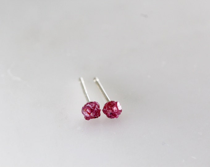 Raw Ruby Stud Earrings, Dainty Ruby Studs, Ruby Sterling Silver Earrings, July Birthstone