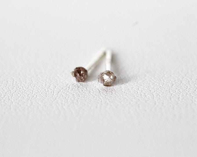 Tiny Raw Pink Diamond Stud Earrings: Sterling Silver Posts