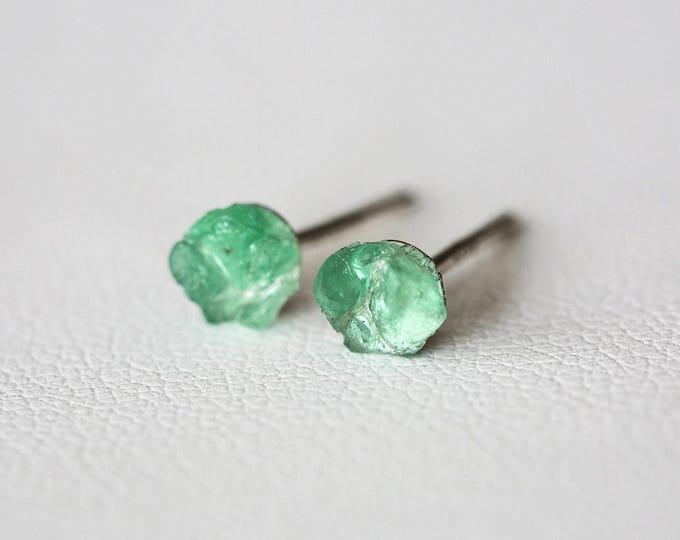 Raw Emerald Studs: Dainty Sterling Silver Earrings, May Birthstone