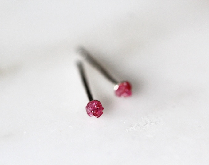 Raw Ruby Sterling Silver Stud Earrings: July Birthstone, 2mm