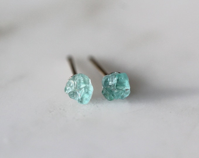 Apatite Silver Stud Earrings, Raw Apatite Earrings, Rough Stone Earrings, Dainty Gemstone Jewelry