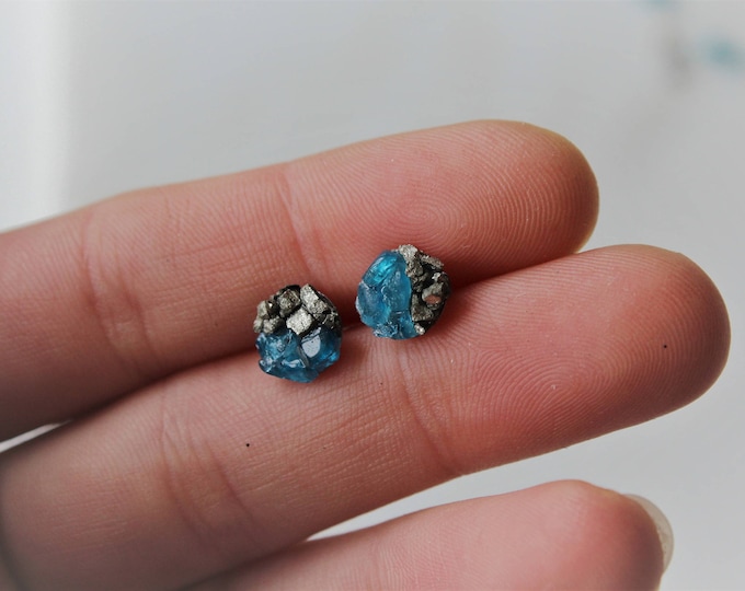 Raw Blue Apatite and Pyrite Crystal Studs, Crushed Pyrite Stud Earrings, Hypoallergenic Stud Earrings