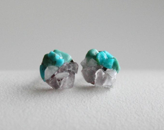 Rough Turquoise and Rose Quartz Stud Earrings: Titanium Posts