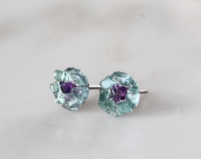 Apatite Amethyst Flower Earrings, Titanium Stud Earrings