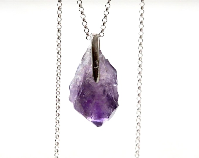 Amethyst Pendant Necklace: Raw Crystal Stone - Sterling Silver Chain