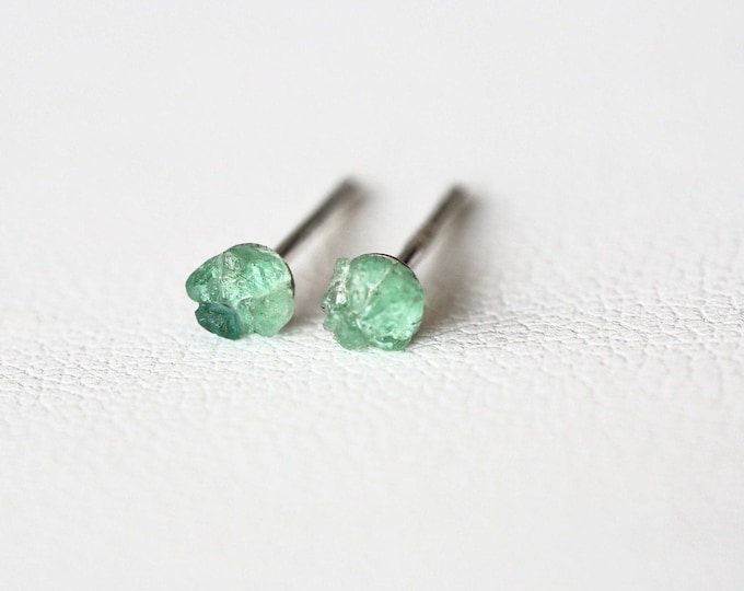 Raw Emerald Stud Earrings: Sterling Silver May Birthstone