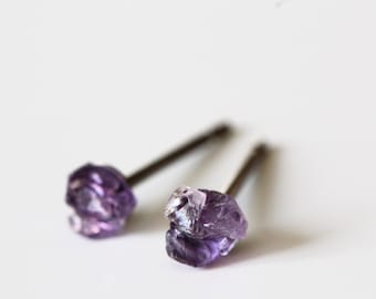 Amethyst Titanium Stud Earrings, Gemstone Earrings Stud Hypoallergenic, Allergy Free Earrings, Raw Amethyst Studs, Sensitive Earrings Trendy