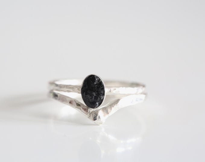 Black Tourmaline Ring, Raw Black Tourmaline Ring, Sterling Silver Stacking Ring, Protection Ring