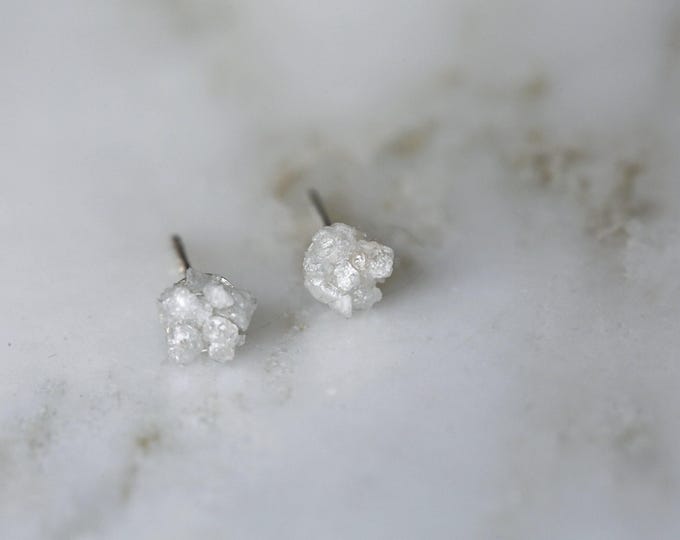 Raw White Diamond Stud Earrings: Sterling Silver April Birthstone