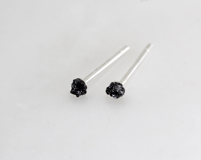 Tiny Raw Black Diamond Stud Earrings: Sterling Silver Posts