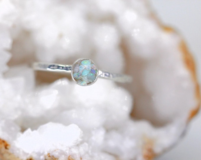 Raw Australian Opal Ring: Hammered Sterling Silver Band