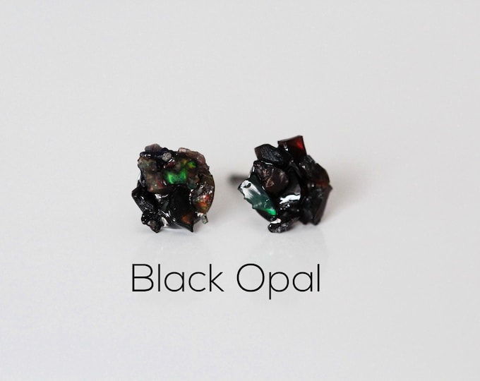 Ethiopian Black Opal Stud Earrings: Raw Welo Opal, Titanium Posts