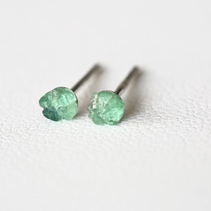 Emerald Stud Earrings, Raw Emerald Silver Earrings, Emerald Earrings Stud,  May Birthstone