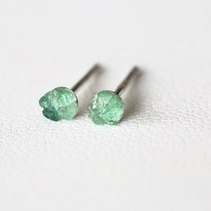 Emerald Stud Earrings, Raw Emerald Silver Earrings, May Birthstone