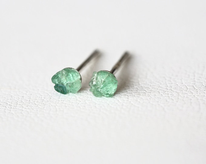 Emerald Stud Earrings, Raw Emerald Silver Earrings, May Birthstone