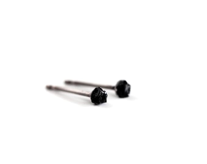 Black Tourmaline Titanium Earrings,  2mm Raw Black Tourmaline Studs, Black Tourmaline Stud Earrings