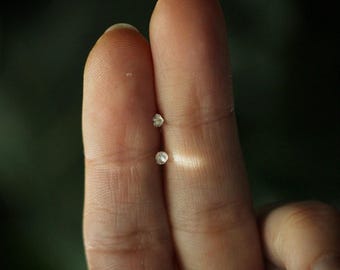 Clear Quartz Sterling Silver Stud Earrings, Tiny Raw Crystal (2mm)