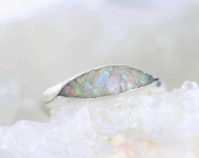 Raw Australian Opal Ring: Hammered Sterling Silver Stacking Band