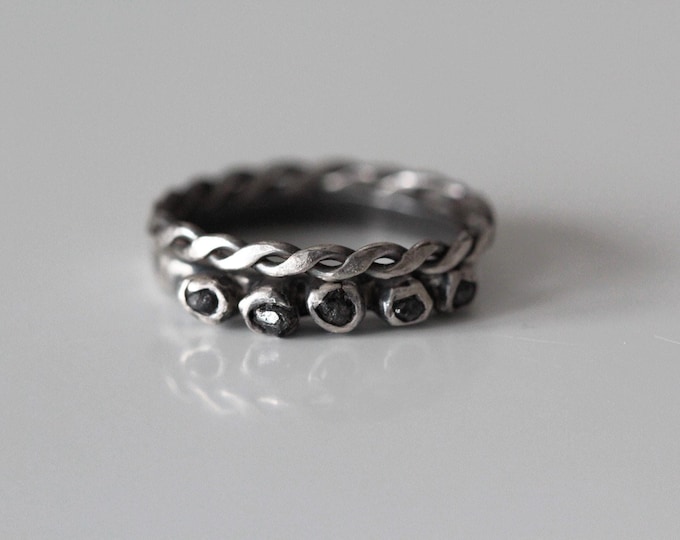 Raw Black Diamond Ring Set: Oxidized Sterling Silver Brutalist Style