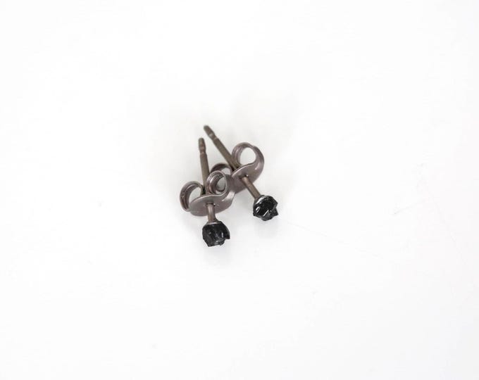 Black Tourmaline Earrings: Raw Stone Studs (2mm, Titanium)