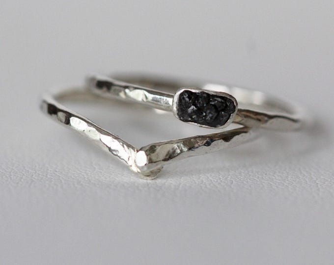 Raw Black Diamond Ring: Sterling Silver Hammered Band