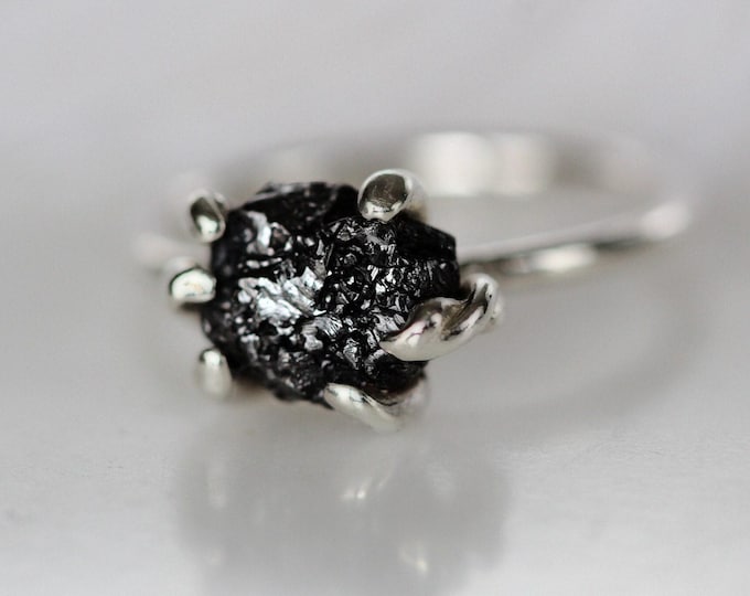 Raw Black Diamond Engagement Ring: Organic Sterling Silver Ring