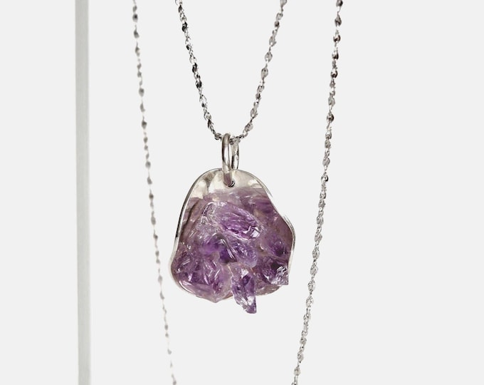 Raw Amethyst Pendant Necklace, Sterling Silver Spiral (45cm Chain)