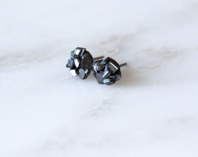 Raw Hematite Stud Earrings: Gunmetal Mosaic Gemstone