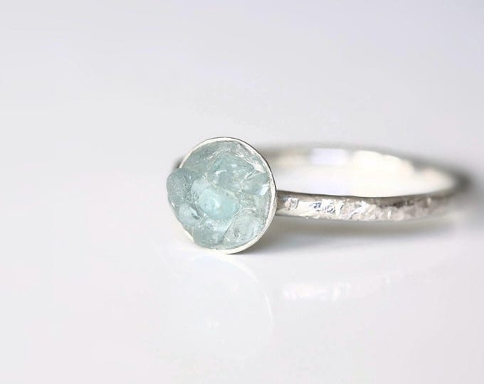 Raw Aquamarine Sterling Silver Ring: Hammered Band, Alternative Engagement