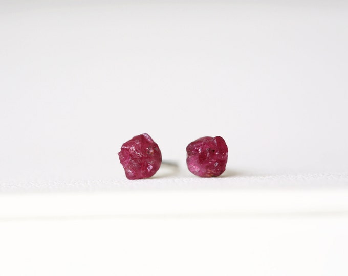 Raw Ruby Silver Earrings, Raw Stone Mosaic Earrings, Red Ruby Stud Earrings, July Birthstone