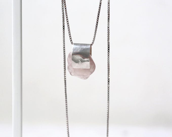 Raw Rose Quartz Sterling Silver Pendant Necklace: Minimalistic Necklace
