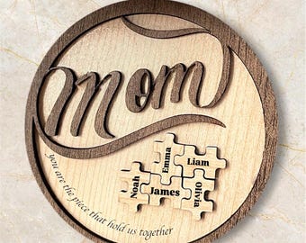 Personalized Mom Puzzle Sign SVG: Family Name Laser Cut Template (Digital File)