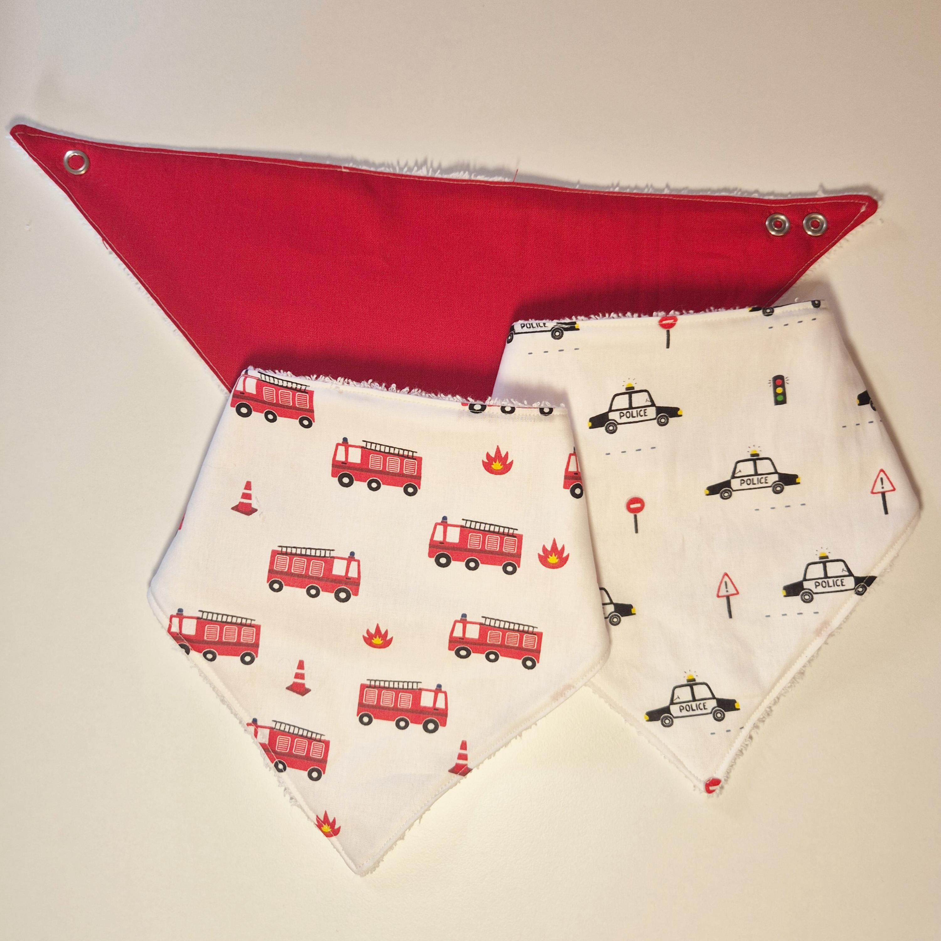 Set of 3 handmade drool bibs - fire brigade and police theme