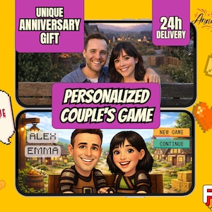 Könnte beinhalten: Ein digitaler Bildschirm zeigt ein personalisiertes Paarspiel mit Cartoon-Avataren von Alex und Emma. Das Display enthält Schaltflächen für New Game und Continue vor einem Dorf-Hintergrund. Text umfasst Unique Anniversary Gift und 24h Delivery.