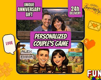 May include: A digital display showing a personalized couple's game with cartoon avatars of Alex and Emma. The screen features buttons for New Game and Continue, set against a village background. Text includes Unique Anniversary Gift and 24h Delivery.