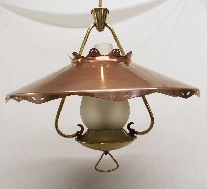 Rare Copper Retractable Pull Down Pendant Light Fifties Style Overhead Lighting Dining Room Lighting
