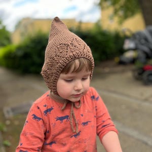 Könnte beinhalten: Ein kleines Kind trägt eine braune Strickmütze mit spitzer Spitze und einem Spitzenmuster. Die Mütze hat einen Bindfaden, der unter dem Kinn gebunden ist. Das Kind trägt ein rotes Langarmshirt mit einem Muster aus blauen Tieren.