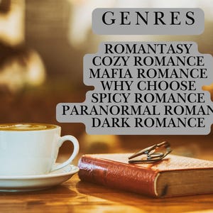 May include: A close-up of a book with a brown leather cover and a pair of glasses on top. The book is sitting on a wooden table next to a cup of coffee. The text "GENRES" is displayed above a list of romance genres: "Romantasy", "Cozy Romance", "Mafia Romance", "Why Choose", "Spicy Romance", "Paranormal Romance", and "Dark Romance".