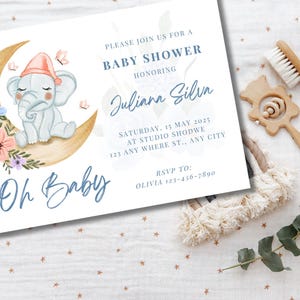 Neuer Elefant-Babyparty-Einladung | Mond und Sterne Babyparty einladen | Aquarell Safari Babyparty | Digitaler Download bearbeitbare Vorlage