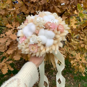 Dried flower romantic bouquet with pink flowers Bridal&Bridesmaid natural bouquet with cotton Pink and White preserved roses  hydrangea