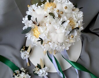 Bridal dried flower Wedding bouquet White& Gold Bridal Bouquet with Cotton and Hydrangea Wedding flowers bouquet Rustic wedding accessories