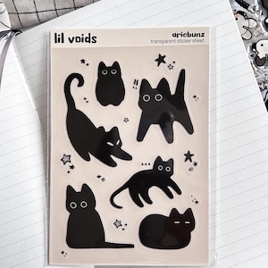 Black Cat and Stars Void Cat Sticker Sheet 4x6, Clear Transparent Sticker Sheet For Journal, Laptop, Water Bottle, Cute Kawaii Sticker Sheet bild 1